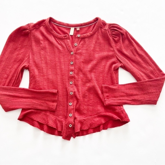 2/25 Anthropologie Pilcro Puff-Sleeved Cardigan Short Top Petite Henley buttons - Picture 2 of 7